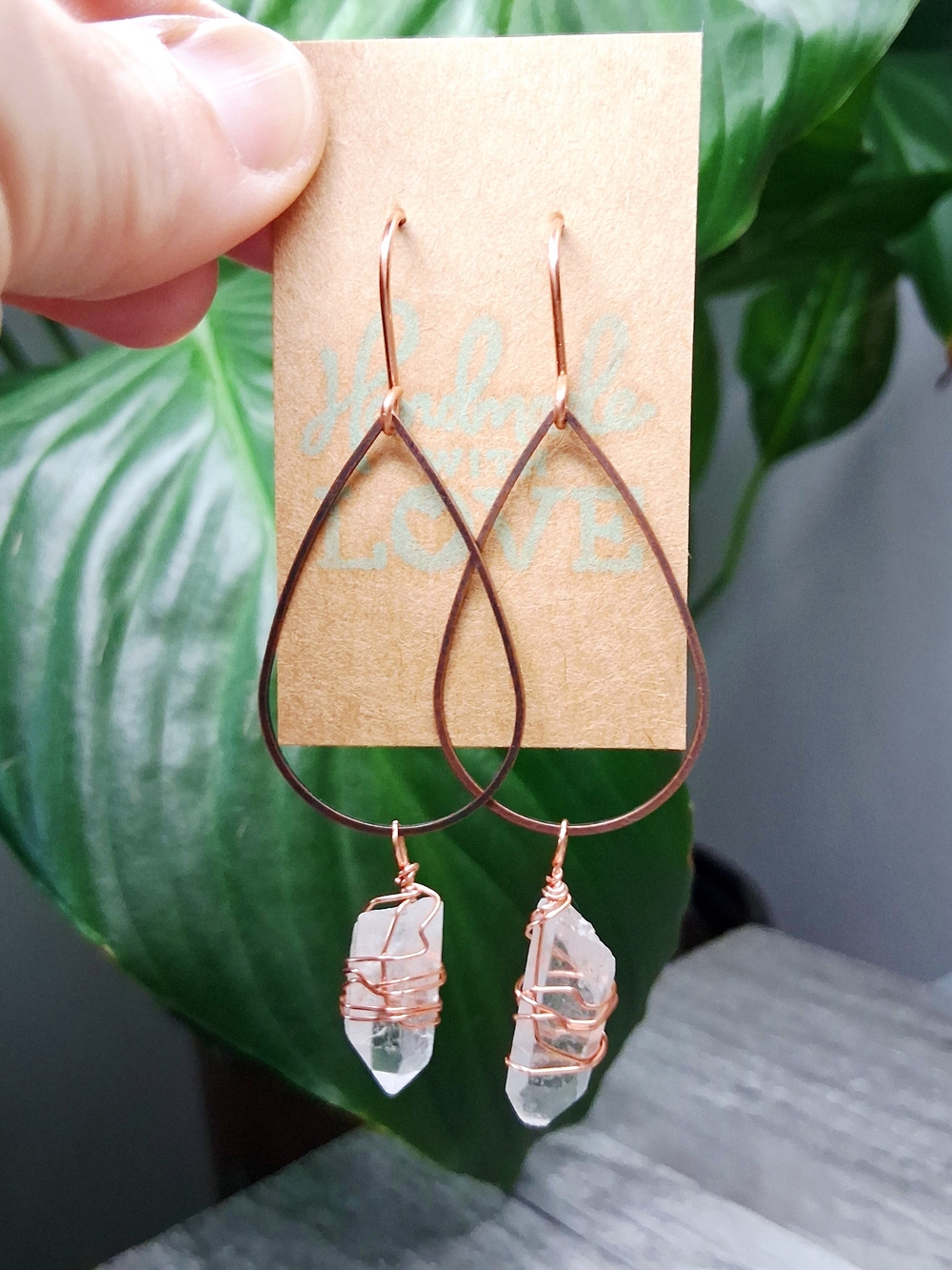 Copper and Clear Quartz Crystal Teardrop Wire Wrap Earrings - Picture 6 of 6